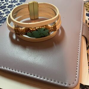 Turquoise Stone Wrap Bracelet in Cream Leather